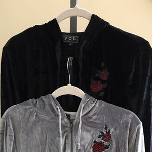 POL NWT Hoodie velvet Black Embroidered Detail Zip Front Fits small - med